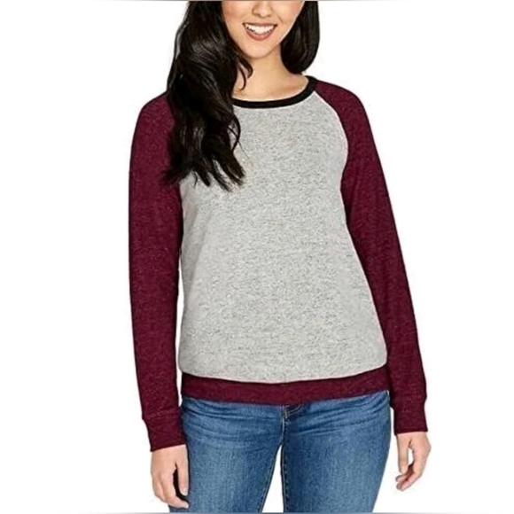 NEW Buffalo David Bitton Womens Burgundy Gray Black Colorblock Raglan Top Sz Med - Picture 1 of 9